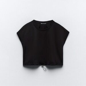 Zara Women’s Black Round Neck Toggled Crop T-Shirt Sz S